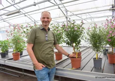 Bart Oostveen met Anisodontea Marshmallow, een nieuwe variëteit van terrasplanten. Het heeft grote bloemen, grotere bladeren en een fellere kleur.